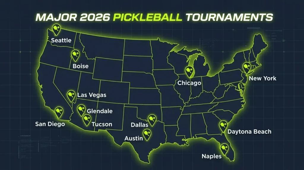 2026 amateur pickleball tournament locations map – USA with event pins in Glendale Tucson Daytona Beach Las Vegas Boise San Diego Naples Dallas Austin Chicago New York Seattle