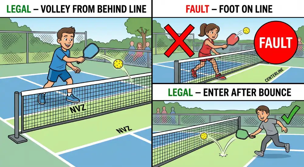 Kitchen Rule (Non‑Volley Zone) – Correct vs. Incorrect