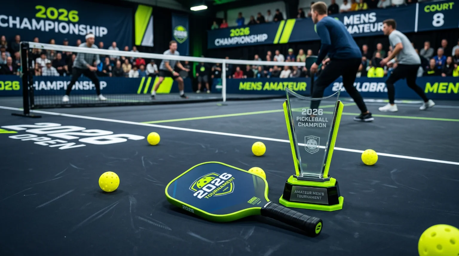 amateur pickleball tournaments 2026 guide – paddle balls trophy and court background