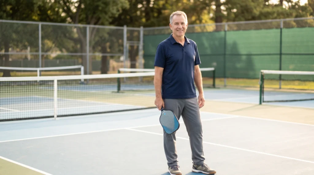 beginner pickleball player holding a lightweight widebody paddle on a court