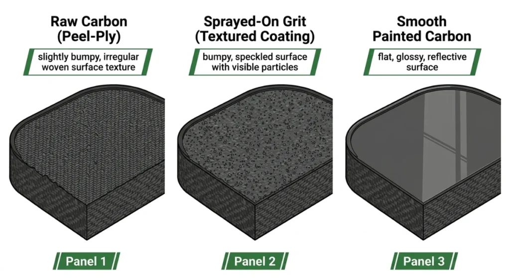 carbon fiber pickleball paddle face textures diagram – raw carbon, sprayed grit, smooth painted