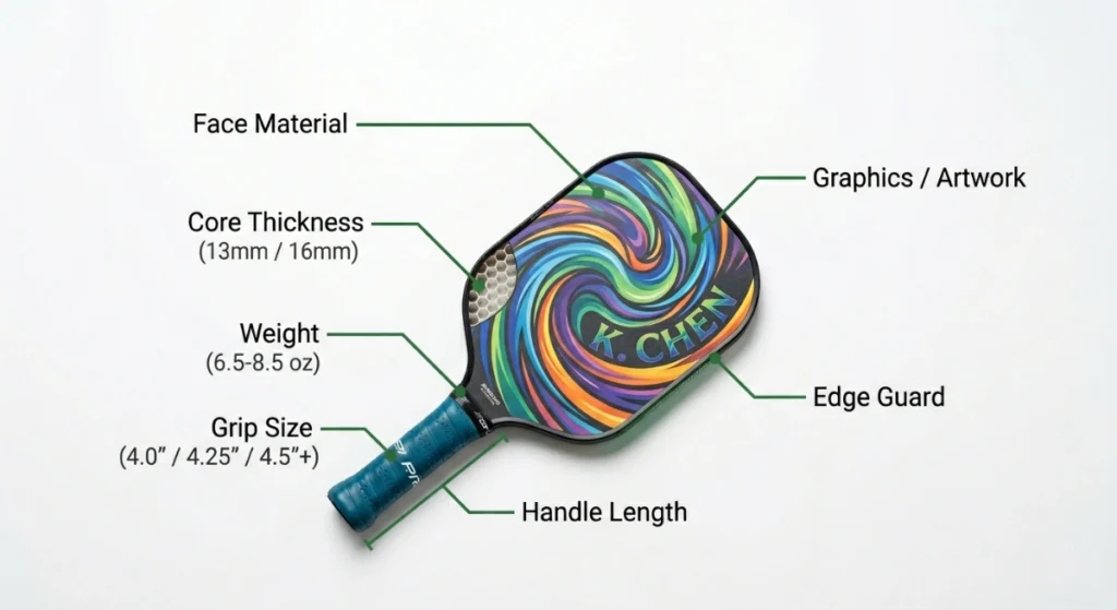 custom pickleball paddle options diagram showing all customizable parts