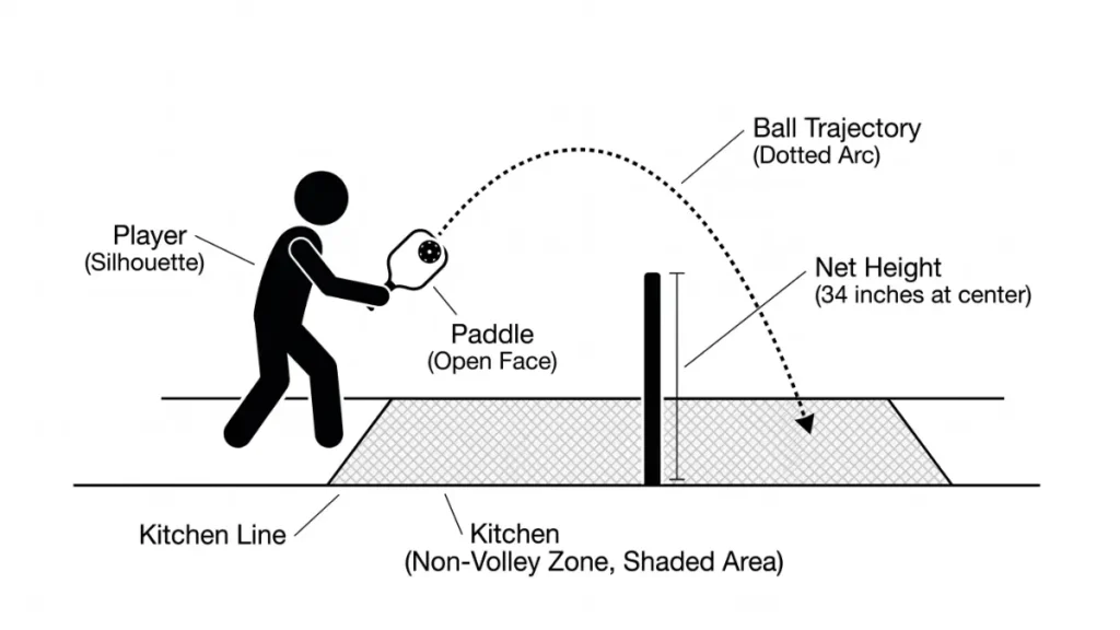dink pickleball shot trajectory diagram showing soft arc over the net