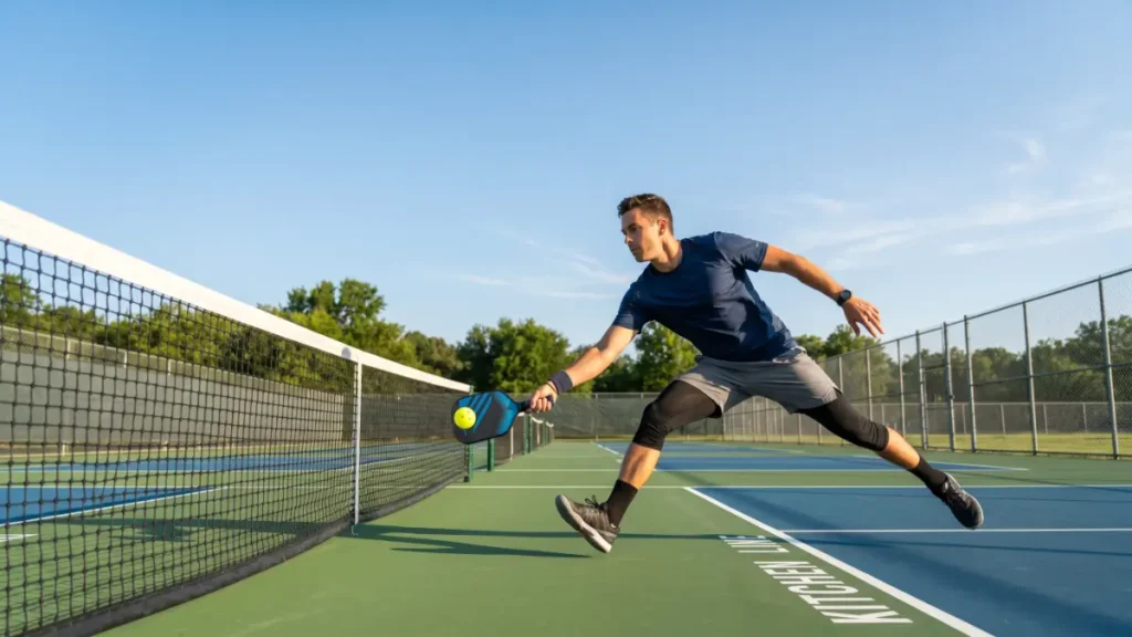 How to Play Pickleball Singles: The Complete Beginner’s Guide (2026) how to play pickleball singles feature image – player hitting a forehand on a singles court