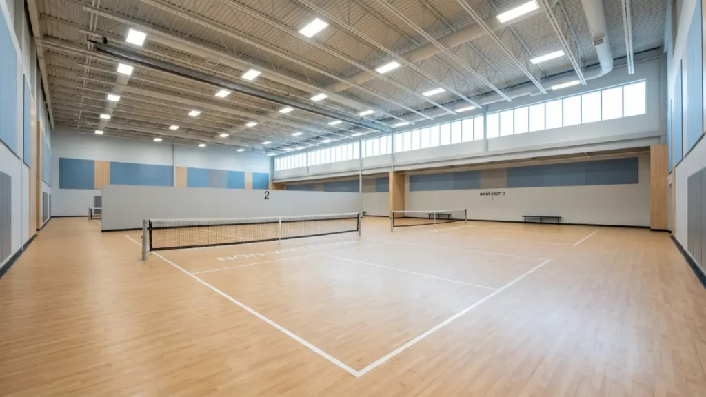 indoor pickleball court with net, lines, and high ceiling in a gymnasium