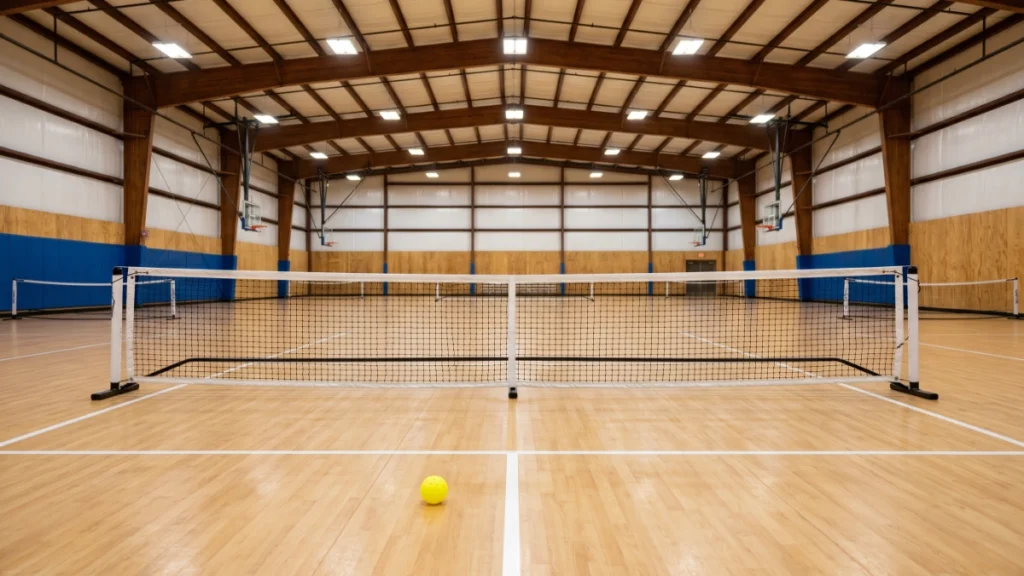 Indoor Pickleball Courts: The Complete Guide (2026) – Find, Play & Build indoor pickleball courts guide feature image – bright hardwood court with net and high ceiling