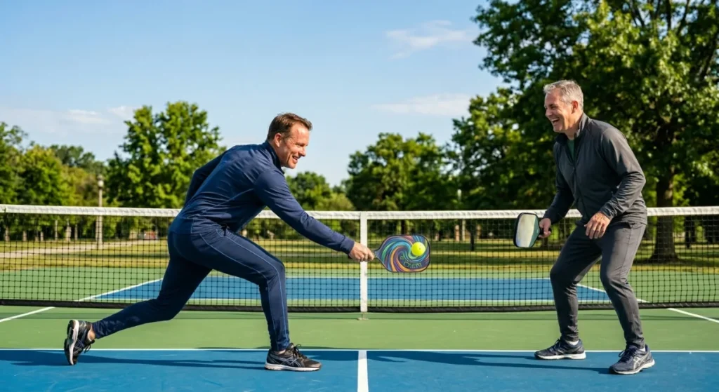 is pickleball good exercise feature image – players getting a workout on a pickleball court