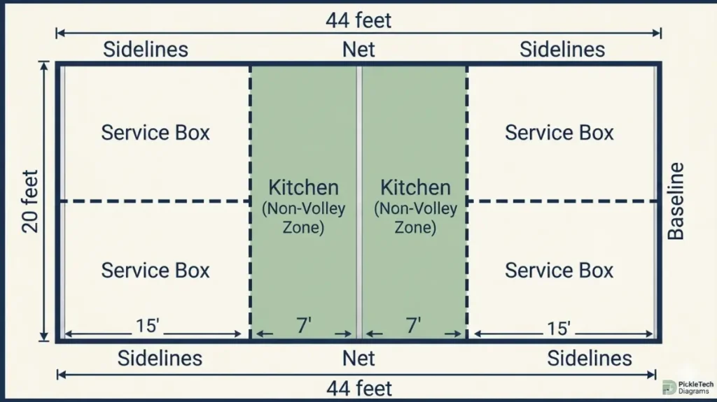 A detailed diagram of a pickleball court showing all dimensions like 44 feet length, 20 feet width, 7 feet kitchen zone, and service boxes. The official 2026 guide.