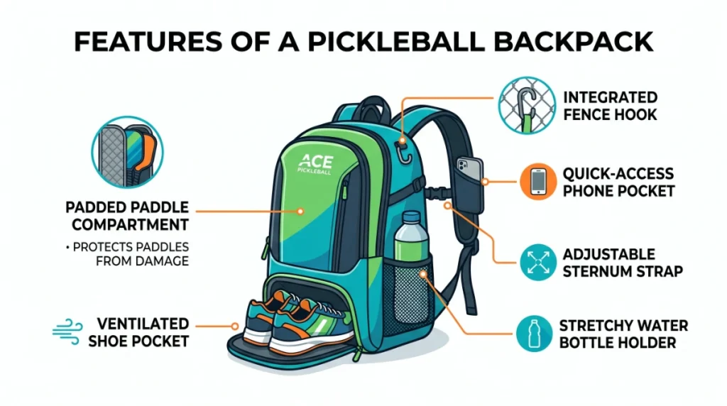 pickleball bag anatomy diagram showing padded paddle compartment shoe pocket water bottle holder and fence hook