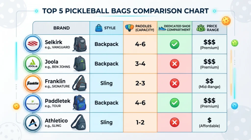 pickleball bags for women comparison chart – top 5 bags compared by style paddles shoe compartment and price