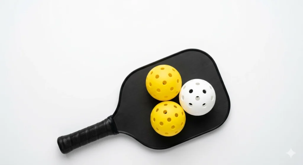 pickleball ball feature image – outdoor and indoor balls with paddle