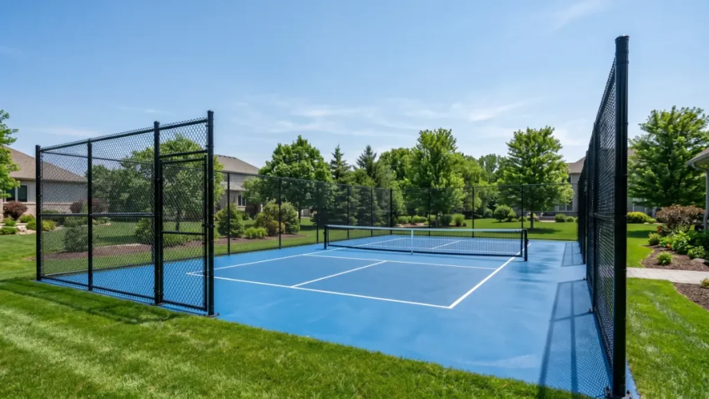 Pickleball Court Construction: The Complete Guide (2026) – DIY & Pro pickleball court construction guide feature image – new backyard court with net and fence