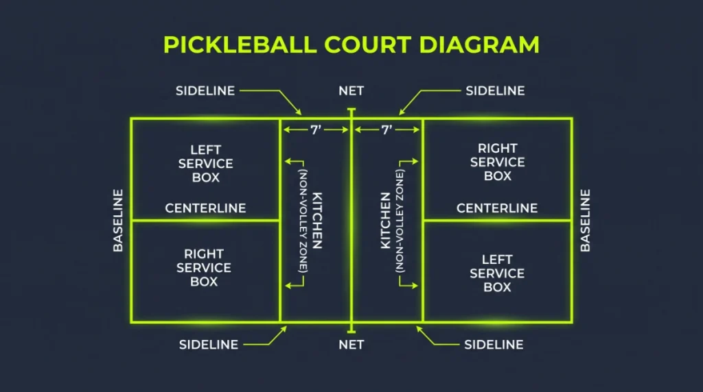 pickleball court diagram with labeled zones – baseline kitchen centerline service boxes sidelines net