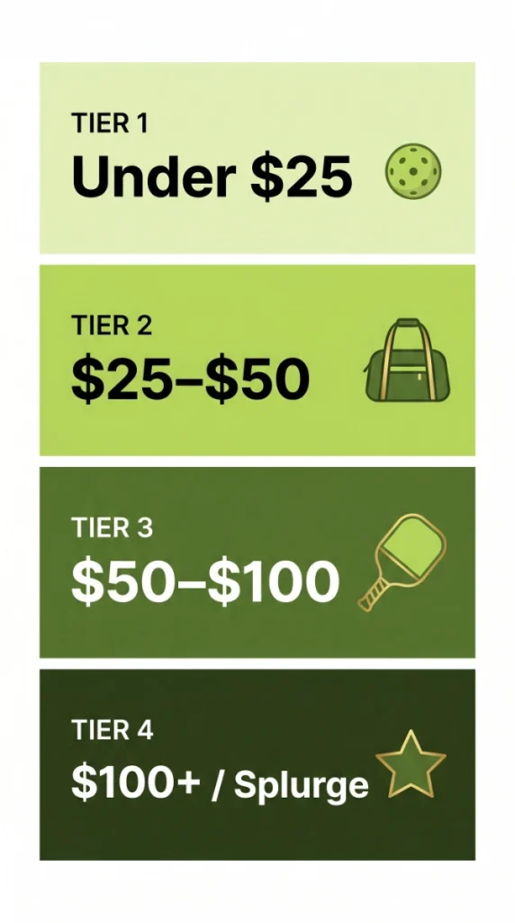 pickleball gifts by budget infographic – under 25 50 100 splurge