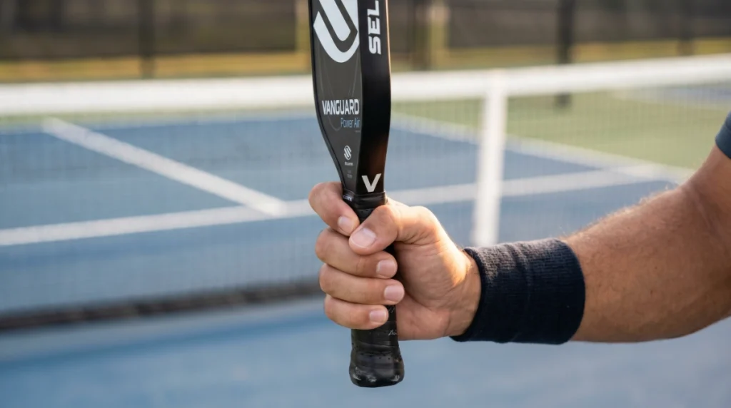 Pickleball Grip: The Complete Guide (2026) – Types, Size & Techniques pickleball grip feature image – hand holding paddle in continental grip