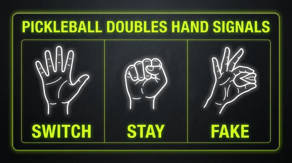 pickleball hand signals guide – open hand switch closed fist stay talking hand fake