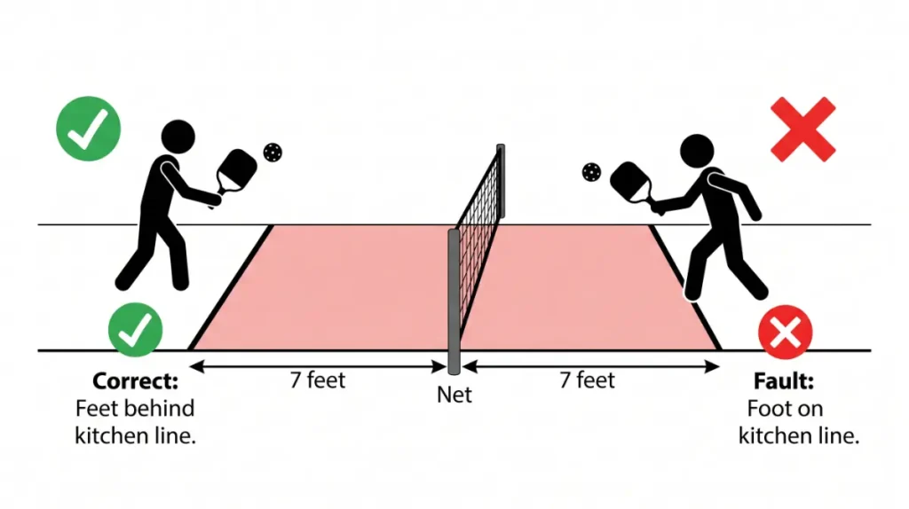 what is pickleball kitchen rule diagram showing correct and fault positions
