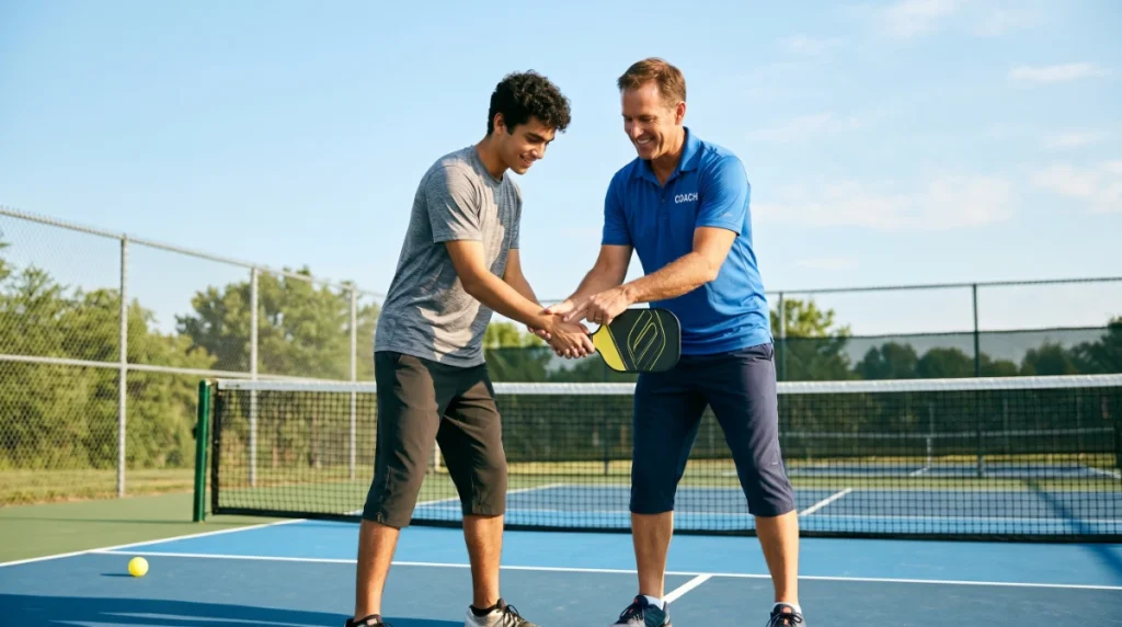Pickleball Lessons: The Complete Beginner’s Guide (2026) – Find, Choose & Improve pickleball lessons feature image – coach teaching a student on a pickleball court
