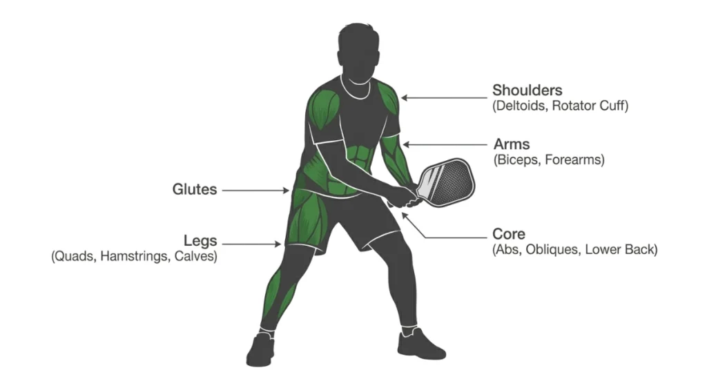 muscles worked playing pickleball – legs core shoulders arms glutes diagram