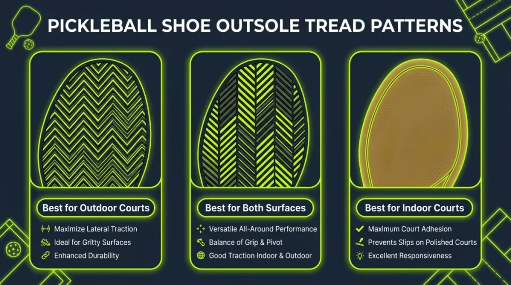pickleball outsole tread comparison – herringbone for outdoor modified herringbone for both gum rubber for indoor