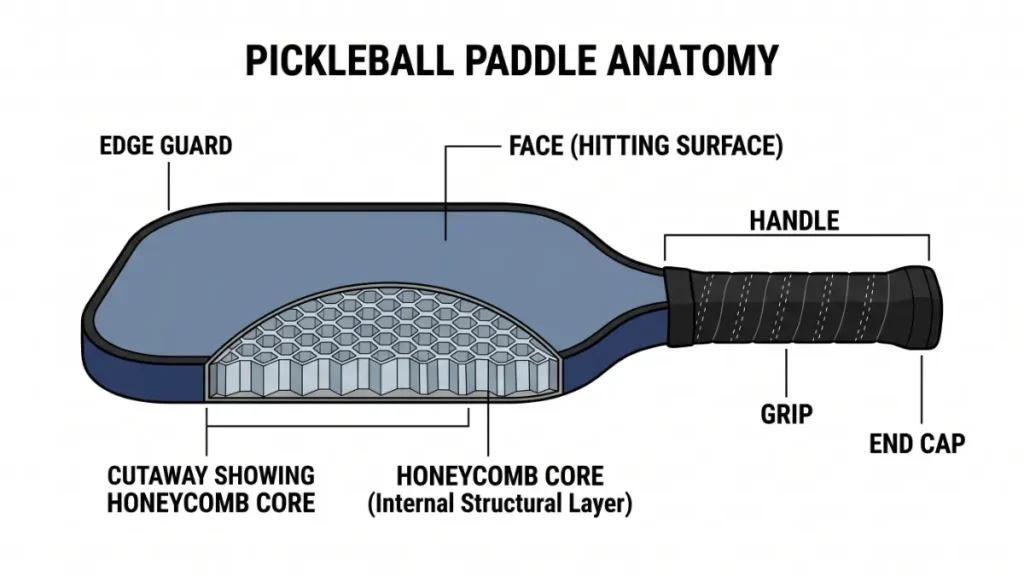 pickleball paddle anatomy diagram showing face, core, grip, and edge guard