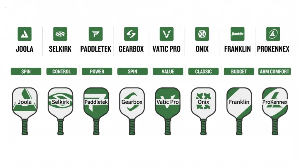 pickleball paddle brands infographic – eight major brands with specialties