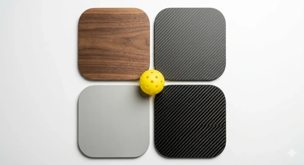 Pickleball Paddle Materials: The Complete Encyclopedia (2026) – Face, Core & Feel pickleball paddle materials feature image – wood graphite composite carbon fiber samples