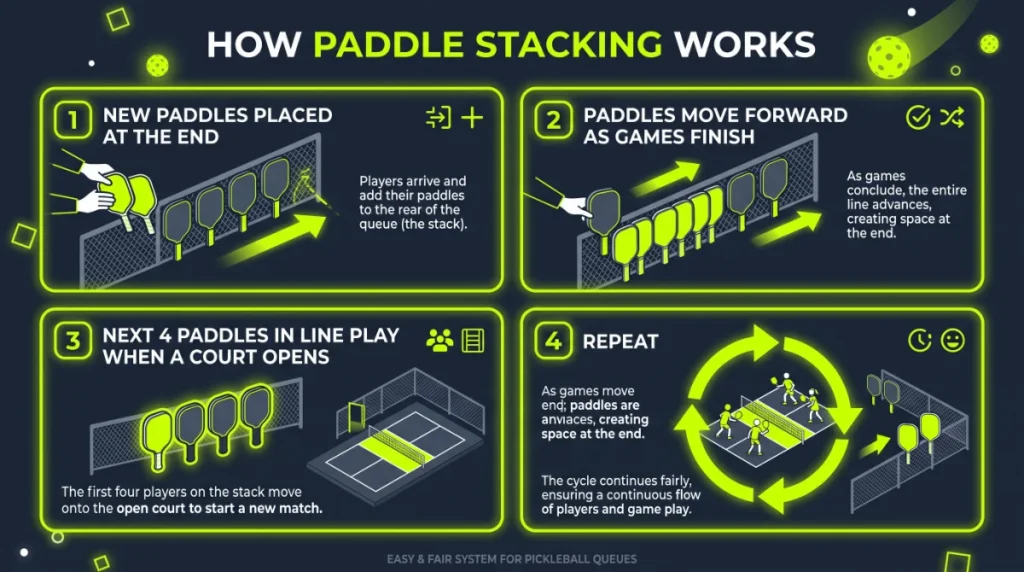 pickleball paddle stacking system infographic – how the queue works for open play rotation