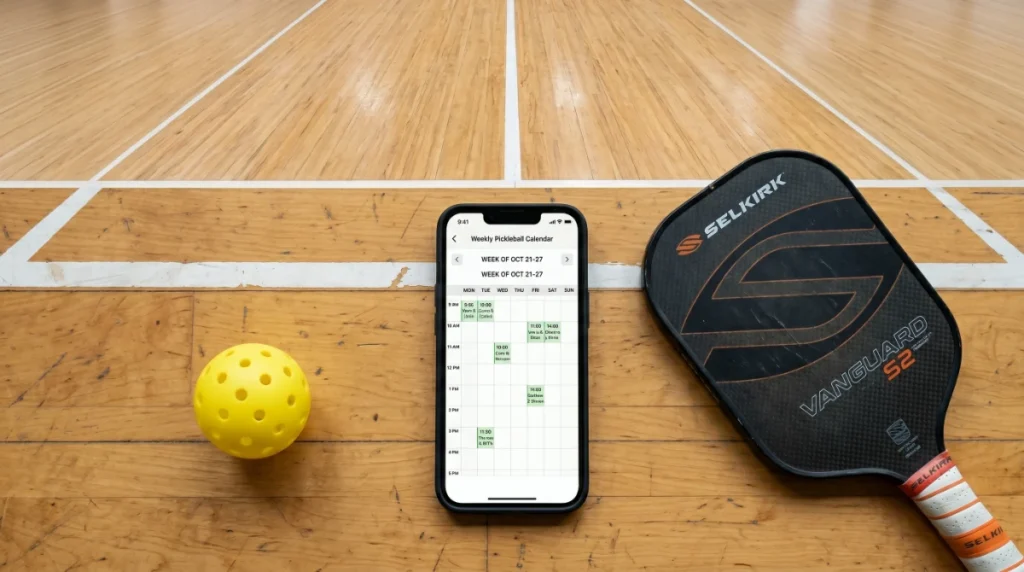 Pickleball Scheduler: The Complete Guide (2026) – Apps, Tips & Free Tools pickleball scheduler feature image – smartphone with scheduling app on a pickleball court