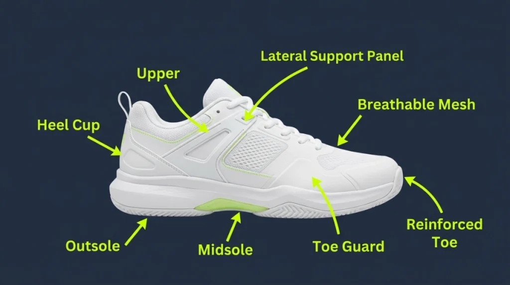pickleball shoe anatomy diagram for men showing outsole midsole upper toe guard heel cup lateral support and breathable mesh