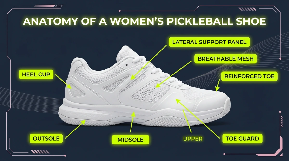 pickleball shoe anatomy diagram for women showing outsole midsole upper toe guard heel cup lateral support and breathable mesh