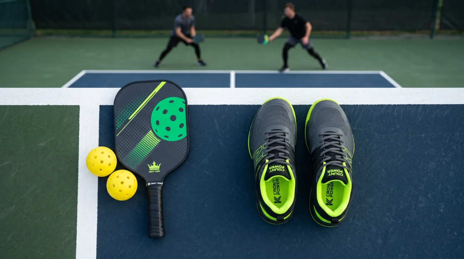 pickleball shoes for men guide – men's court shoes with paddle and balls on court