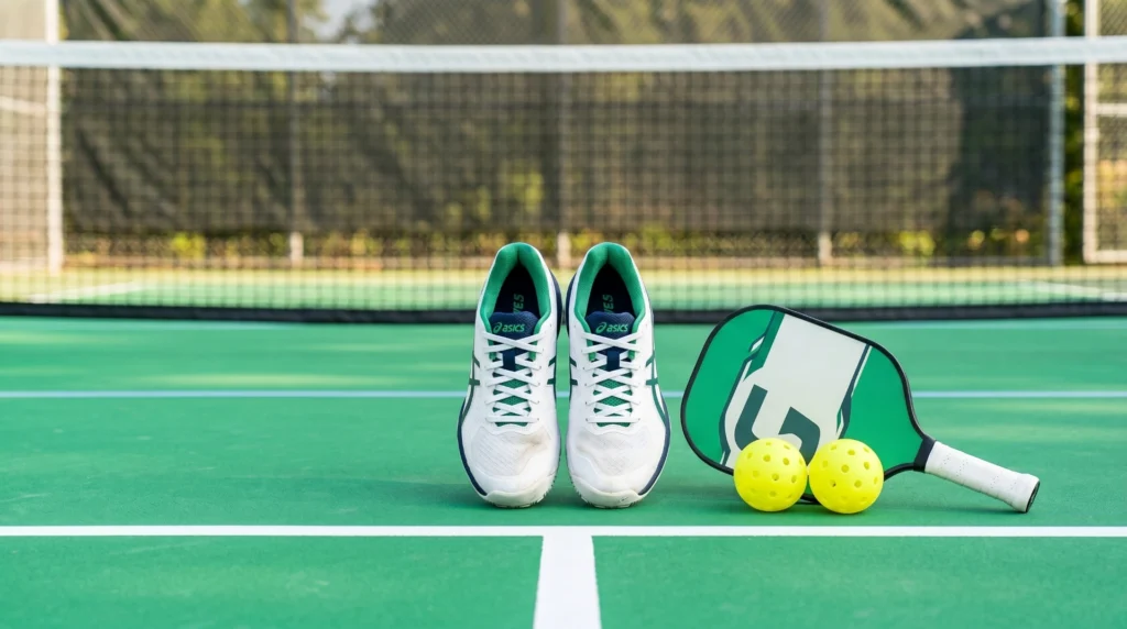 pickleball shoes for women guide – women's court shoes with paddle and balls on court
