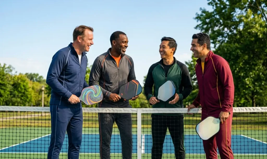 Pickleball Social: The Ultimate Guide to Making Friends & Building Community (2026) pickleball social feature image – group of players laughing together on a court