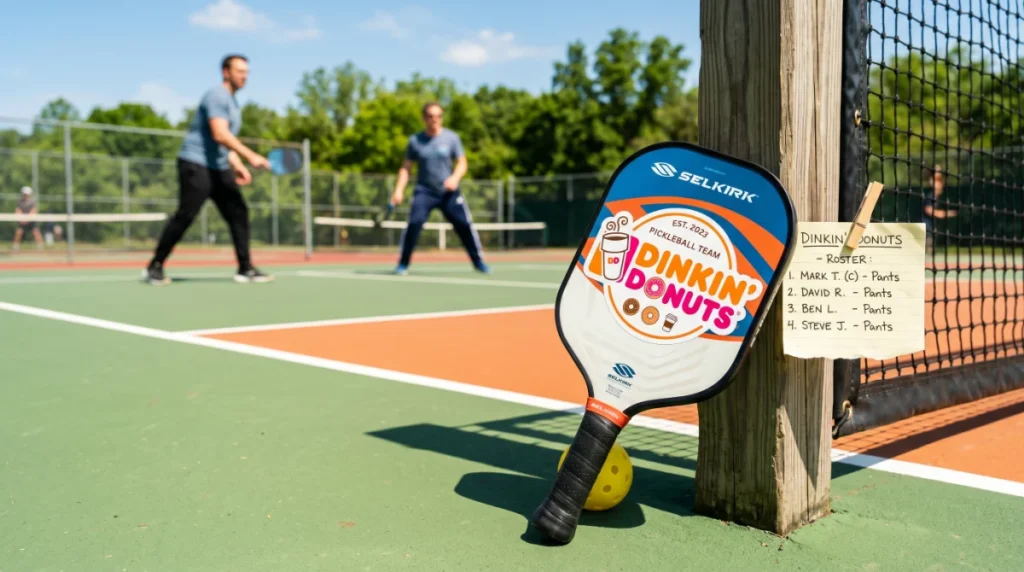 Pickleball Team Names: The Ultimate Guide (2026) – Funny, Clever & Competitive Ideas pickleball team names feature image – paddle with funny team name sticker and team roster on a court