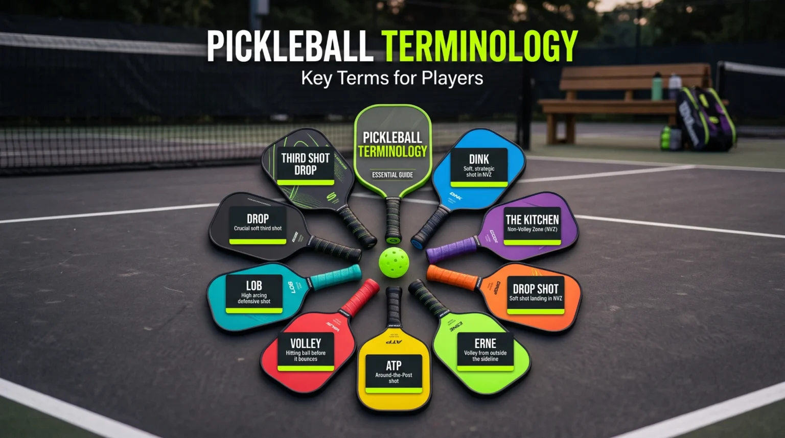 pickleball terminology guide – paddles with glossary words and court background