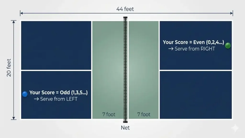 singles pickleball serving position even odd score diagram