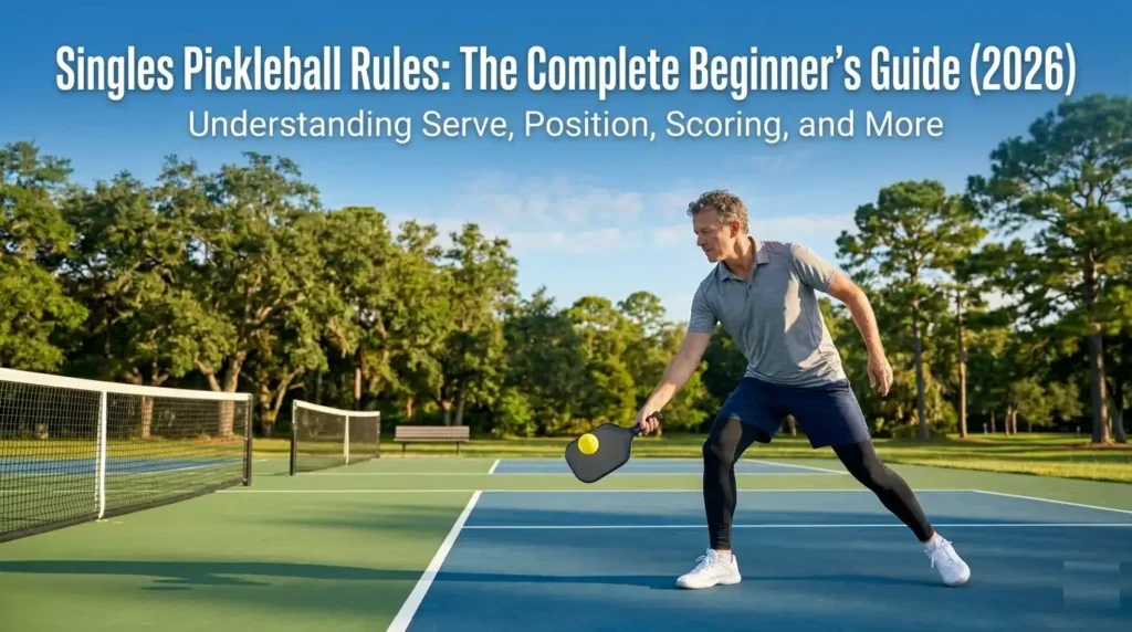 singles pickleball rules beginner guide feature image – player serving on a singles court