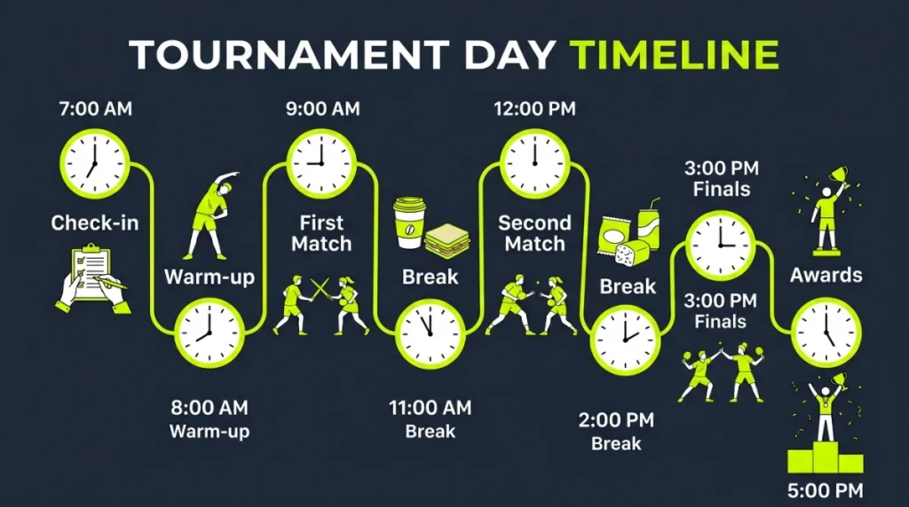 pickleball tournament day timeline infographic – check in warm up matches break finals awards schedule
