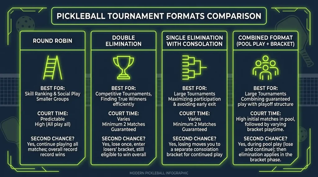 pickleball tournament formats comparison chart – round robin double elimination single elimination consolation combined format pool play bracket