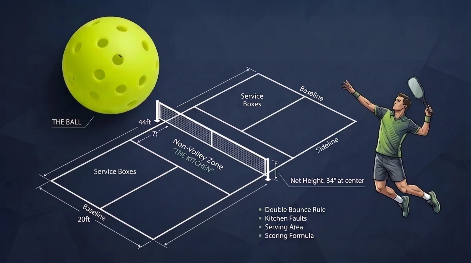 Infographic diagram of a pickleball court showing the kitchen, baseline, and service boxes with complete rules guide overlay.