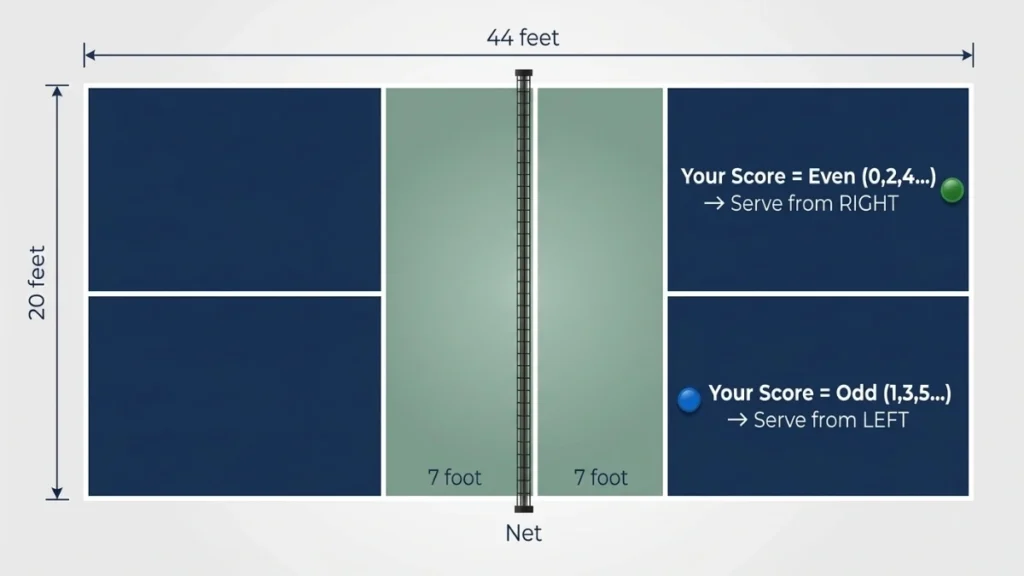 pickleball singles serving position even odd diagram